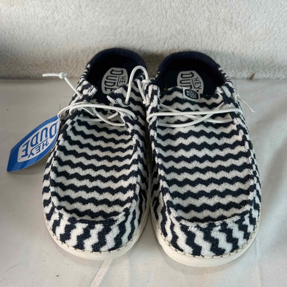 Hey Dude Wendy Slip Terry Stripe Navy Blazer Egret Mules Shoes Womens 10 New - Picture 2 of 13